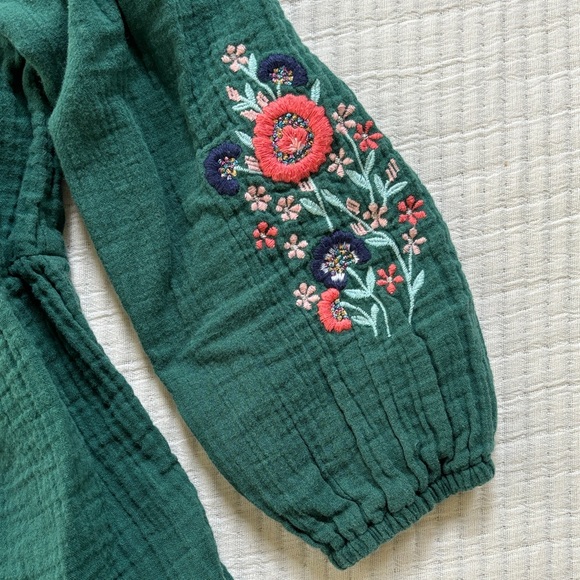 Cat & Jack Girls Dress In Forest Green with Floral Embroidered Designed Sleeves - Picture 3 of 8